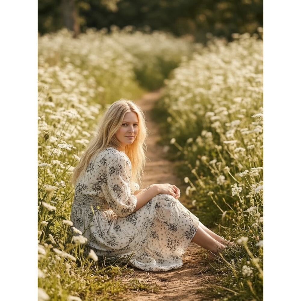 Free People Bohemian Billowy Ethereal Floral Golden Hour Maxi Dress Ivory Medium - Picture 12 of 12